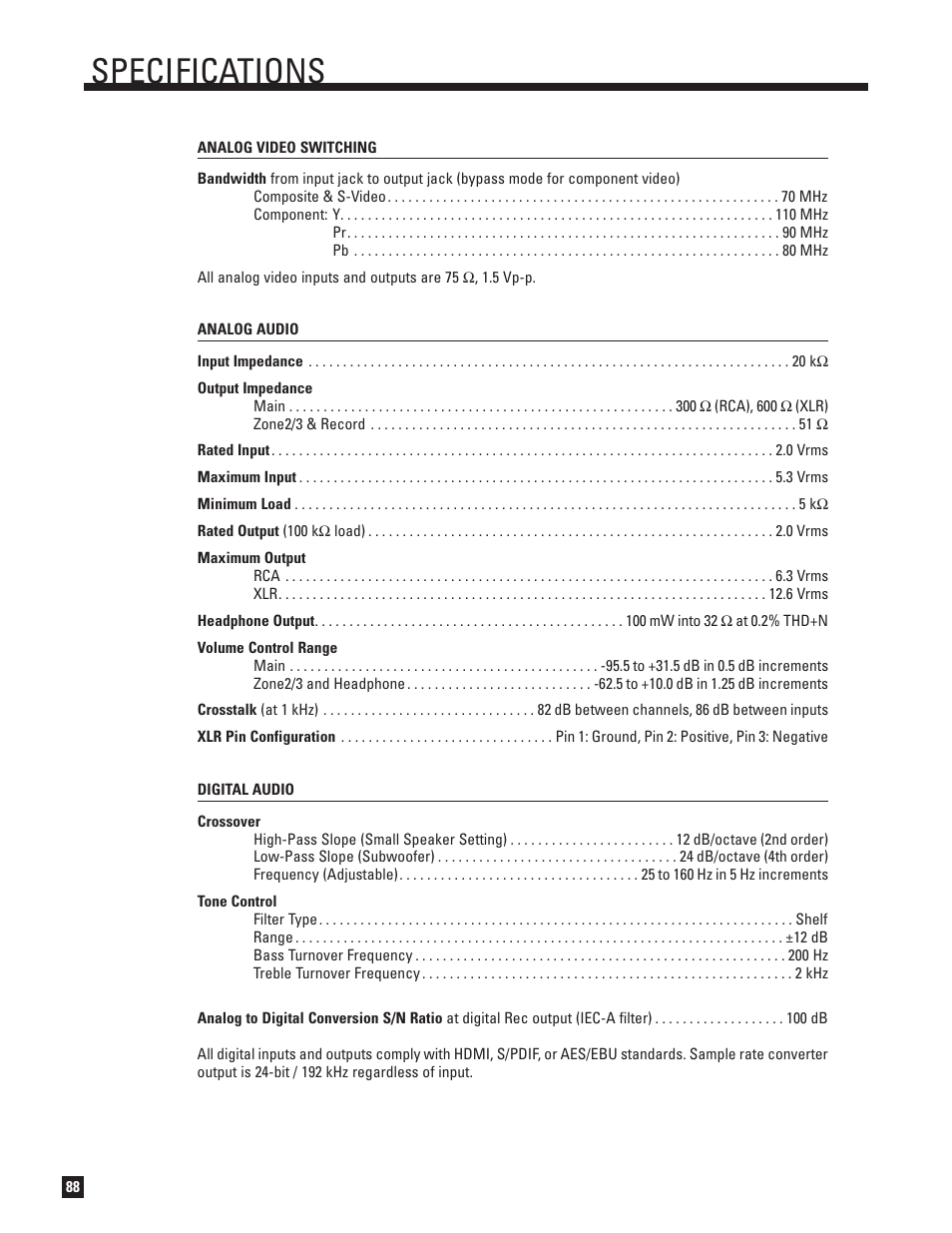 Specifications | Anthem Audio ANTHEM D2V User Manual | Page 96 / 102