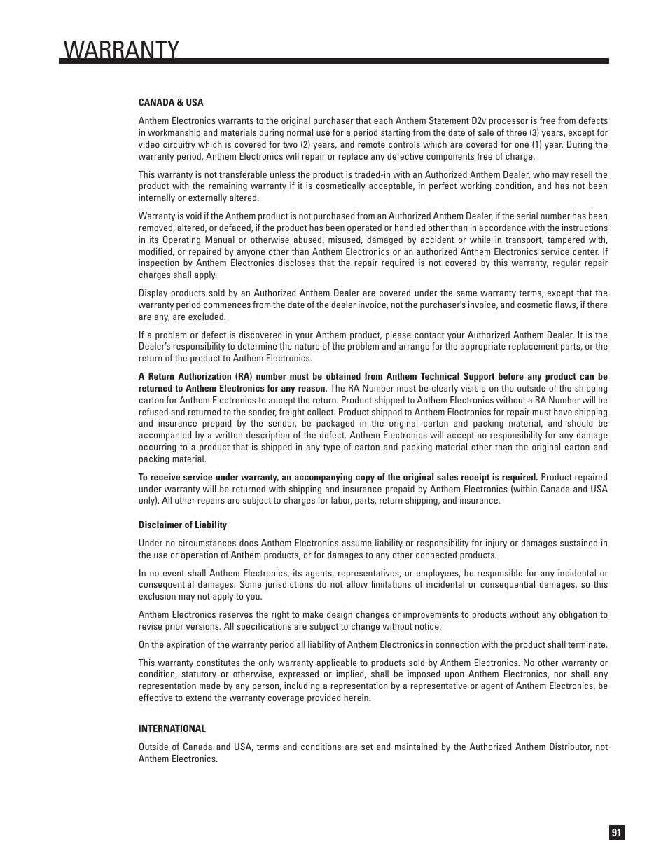 Warranty | Anthem Audio ANTHEM D2V User Manual | Page 99 / 102