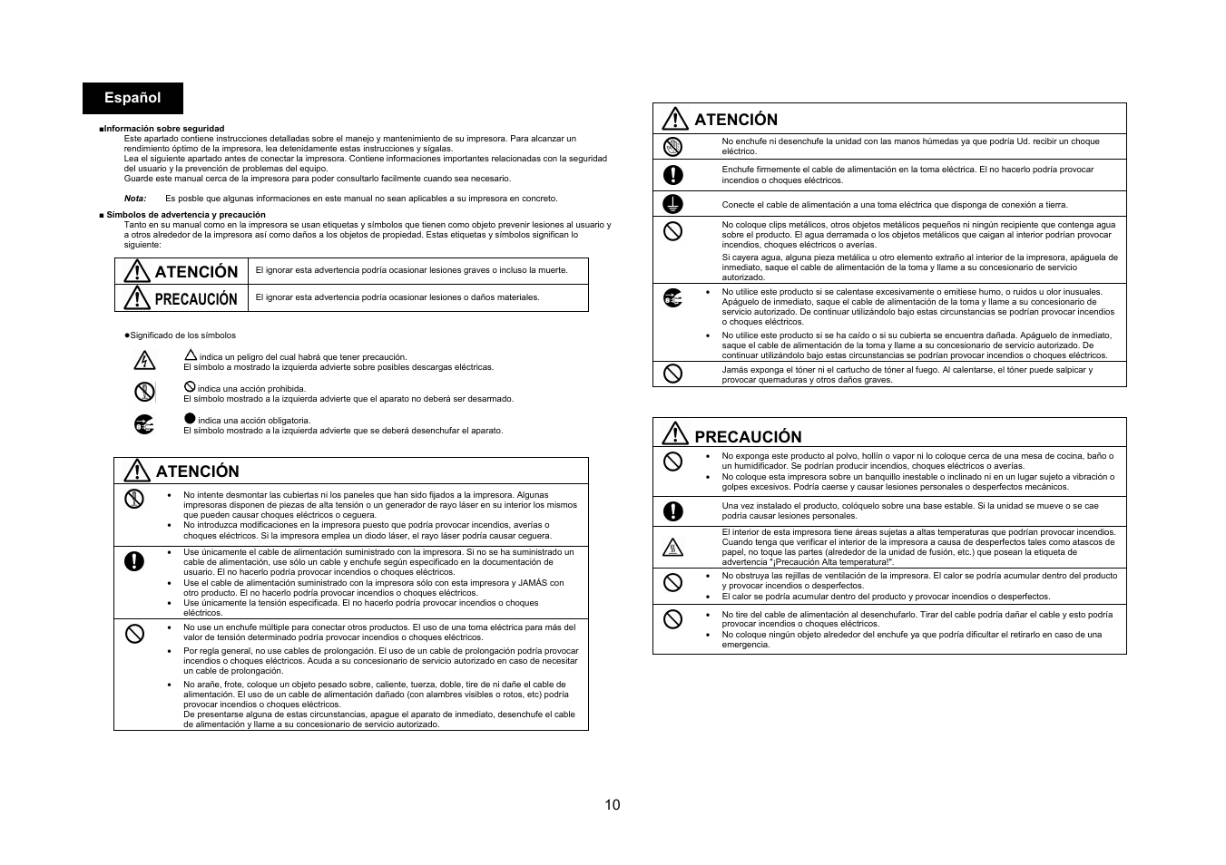 Atención, Precaución, 10 español | Konica Minolta bizhub C25 User Manual | Page 11 / 49