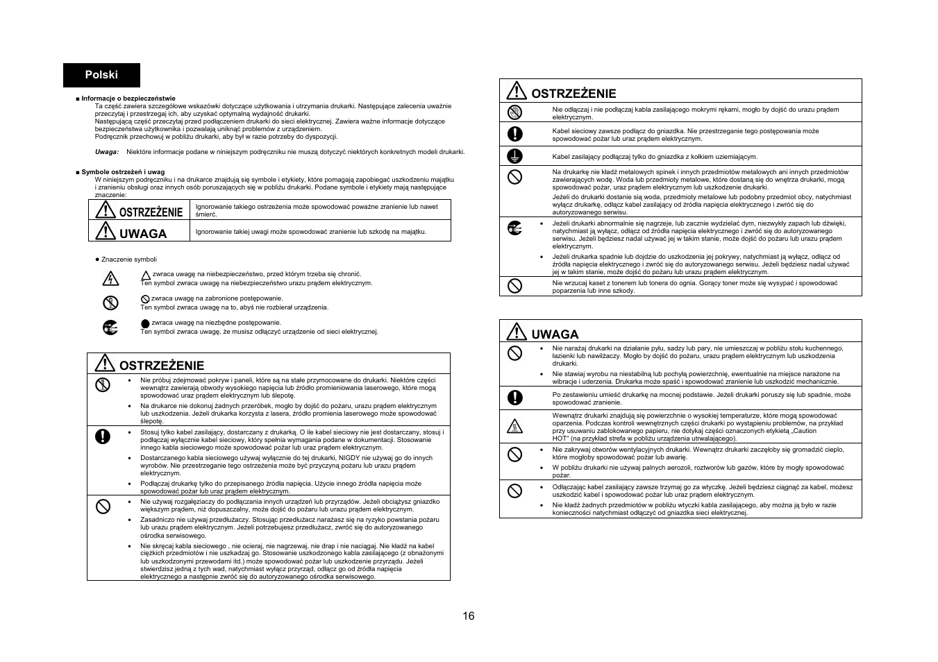 Ostrzeżenie, Uwaga, 16 polski | Konica Minolta bizhub C25 User Manual | Page 17 / 49