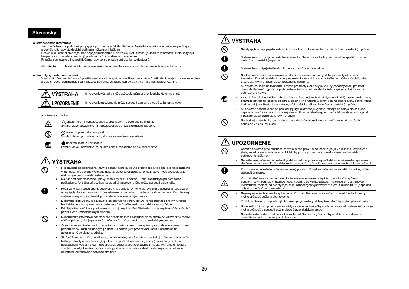 Výstraha, Upozornenie, 20 slovensky | Konica Minolta bizhub C25 User Manual | Page 21 / 49