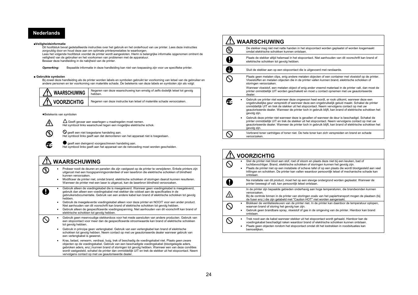 Waarschuwing, Voorzichtig, 24 nederlands | Konica Minolta bizhub C25 User Manual | Page 25 / 49