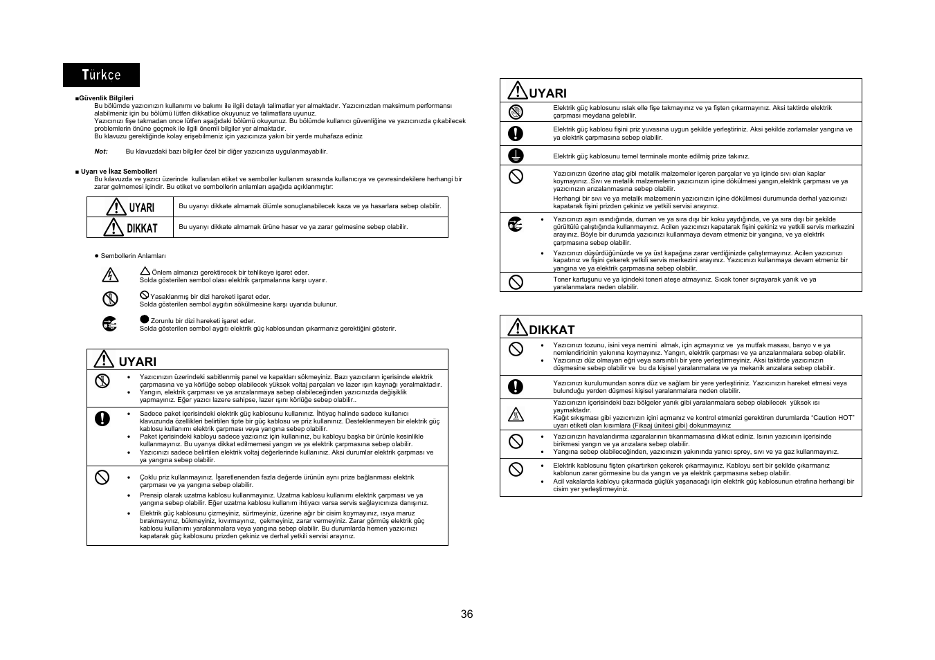 Uyari, Dikkat | Konica Minolta bizhub C25 User Manual | Page 37 / 49