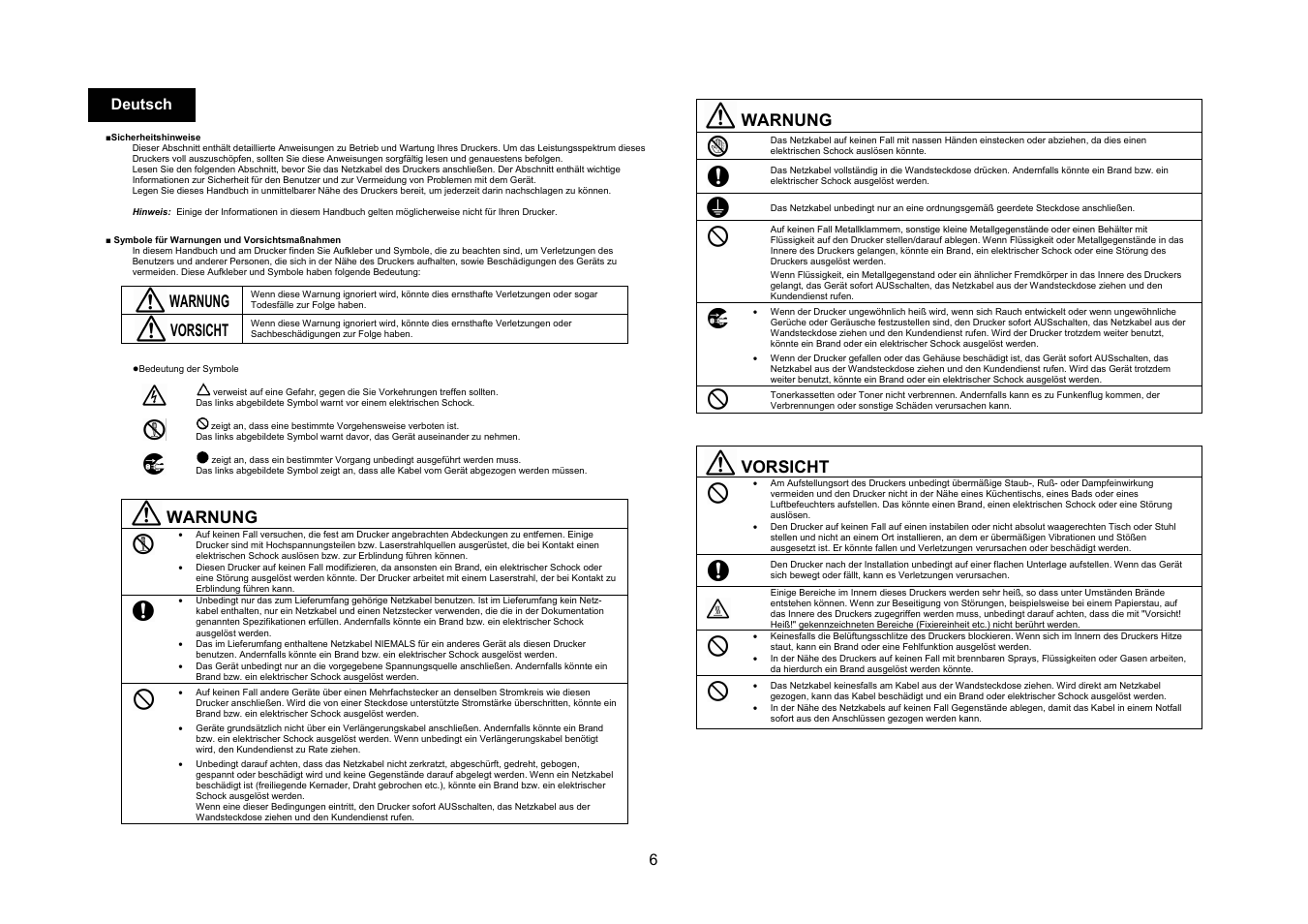 Warnung, Vorsicht, 6deutsch | Konica Minolta bizhub C25 User Manual | Page 7 / 49