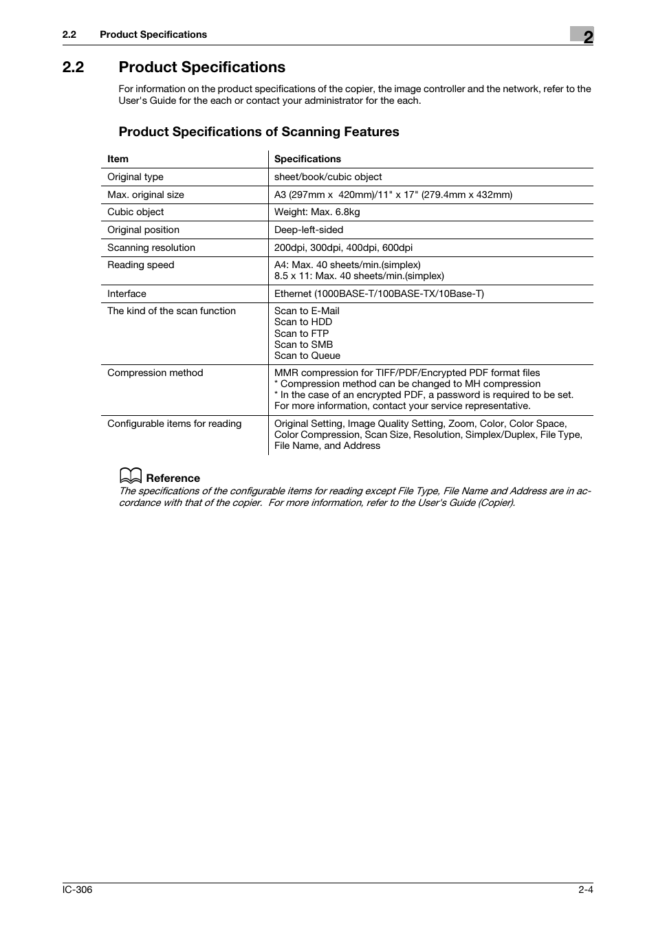 2 product specifications, Product specifications of scanning features, Product specifications -4 | Konica Minolta bizhub PRESS C8000e User Manual | Page 13 / 101