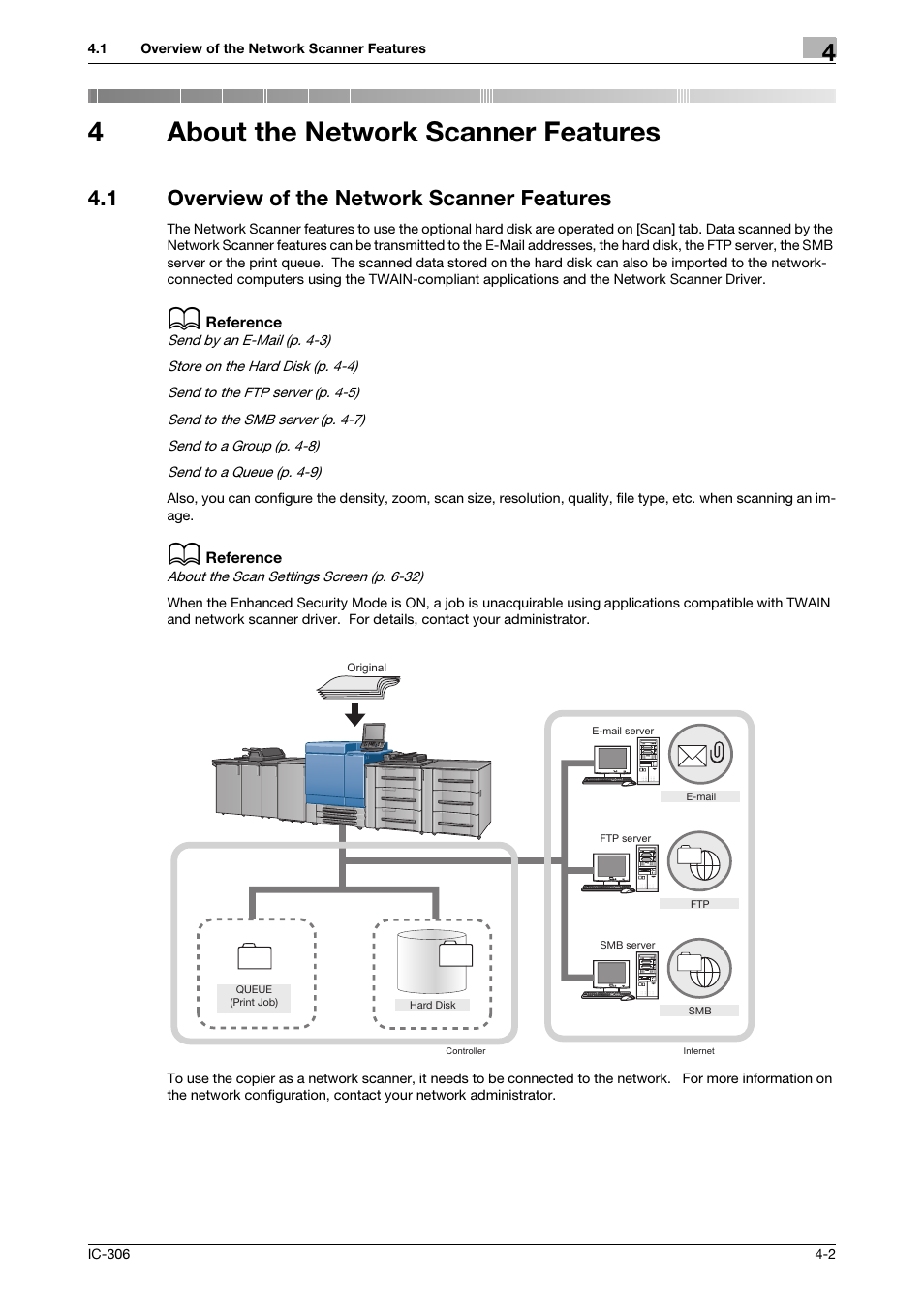 4 about the network scanner features, 1 overview of the network scanner features, About the network scanner features | Overview of the network scanner features -2, 4about the network scanner features | Konica Minolta bizhub PRESS C8000e User Manual | Page 27 / 101