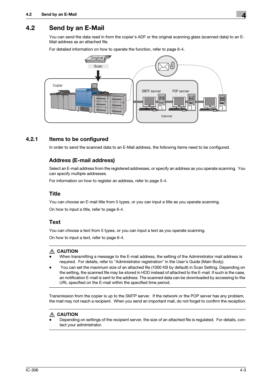 2 send by an e-mail, 1 items to be configured, Address (e-mail address) | Title, Text, Send by an e-mail -3, Items to be configured -3, P. 4-3, Send by an e-mail, P. 4-3) | Konica Minolta bizhub PRESS C8000e User Manual | Page 28 / 101
