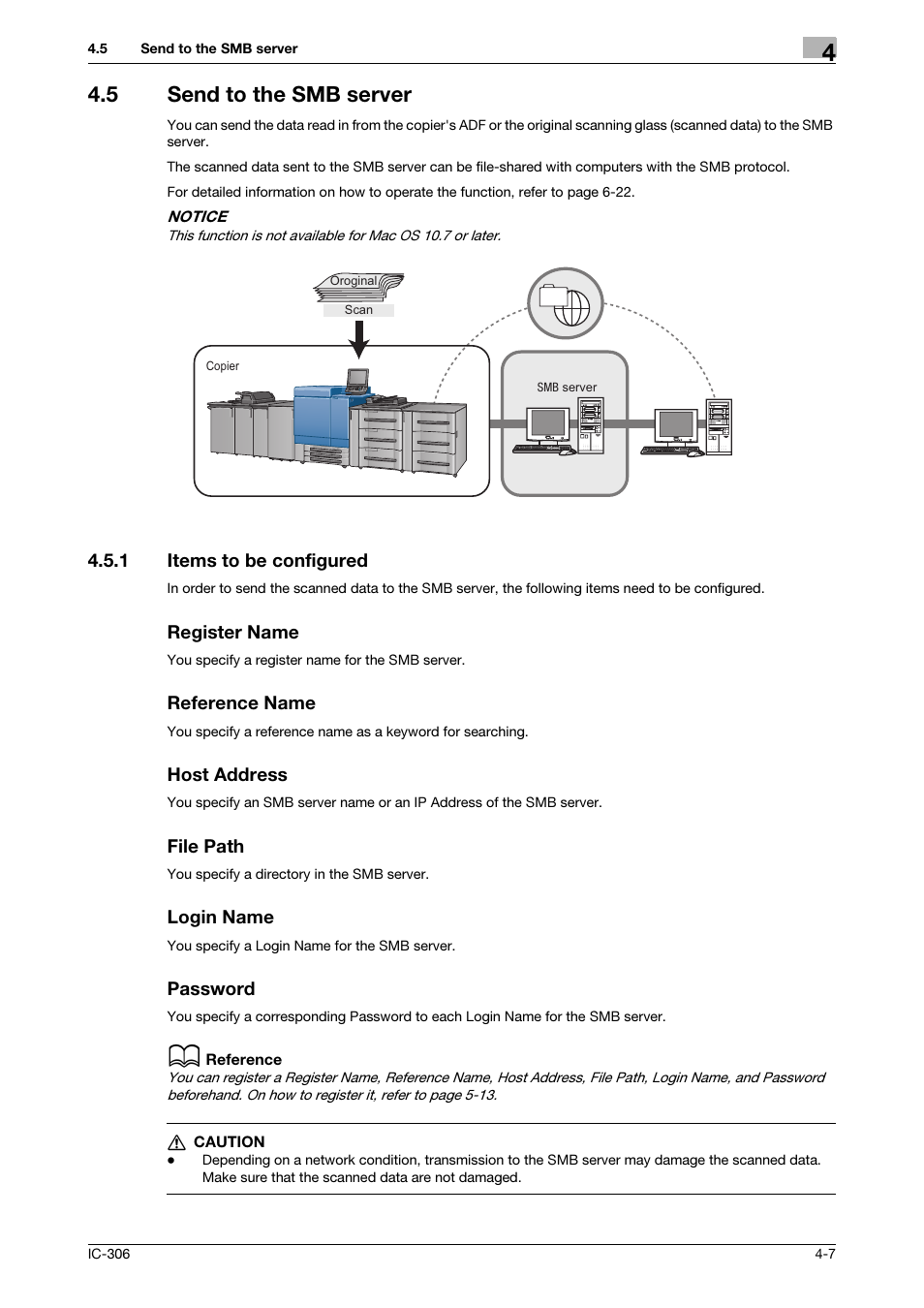 5 send to the smb server, 1 items to be configured, Register name | Reference name, Host address, File path, Login name, Password, Send to the smb server -7, Items to be configured -7 | Konica Minolta bizhub PRESS C8000e User Manual | Page 32 / 101