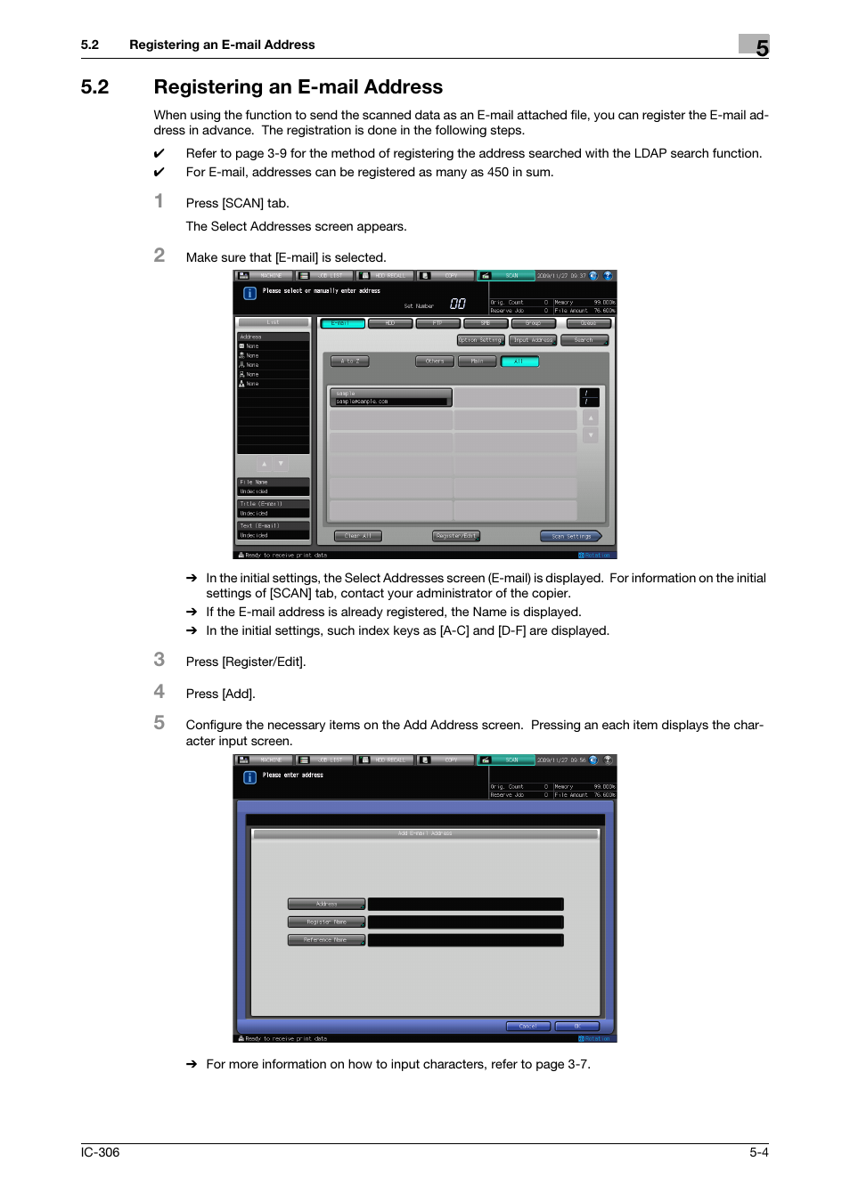 2 registering an e-mail address, Registering an e-mail address -4, Registering an e-mail address (p. 5-4) | Konica Minolta bizhub PRESS C8000e User Manual | Page 39 / 101