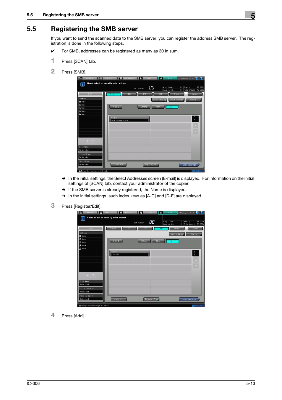 5 registering the smb server, Registering the smb server -13, Registering the smb server | P. 5-13) | Konica Minolta bizhub PRESS C8000e User Manual | Page 48 / 101