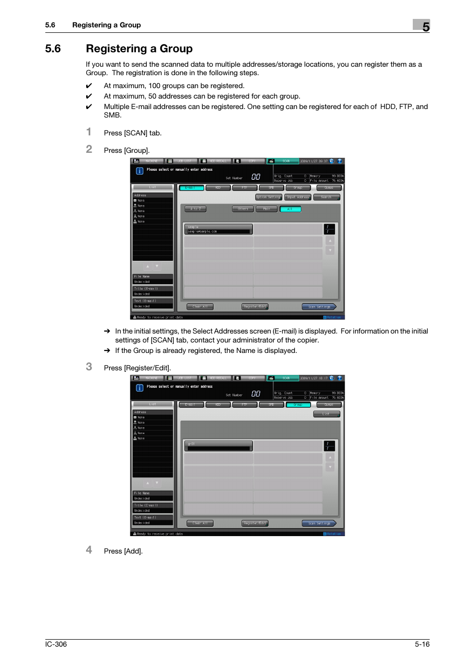 6 registering a group, Registering a group -16, Registering a group (p. 5-16) | Konica Minolta bizhub PRESS C8000e User Manual | Page 51 / 101