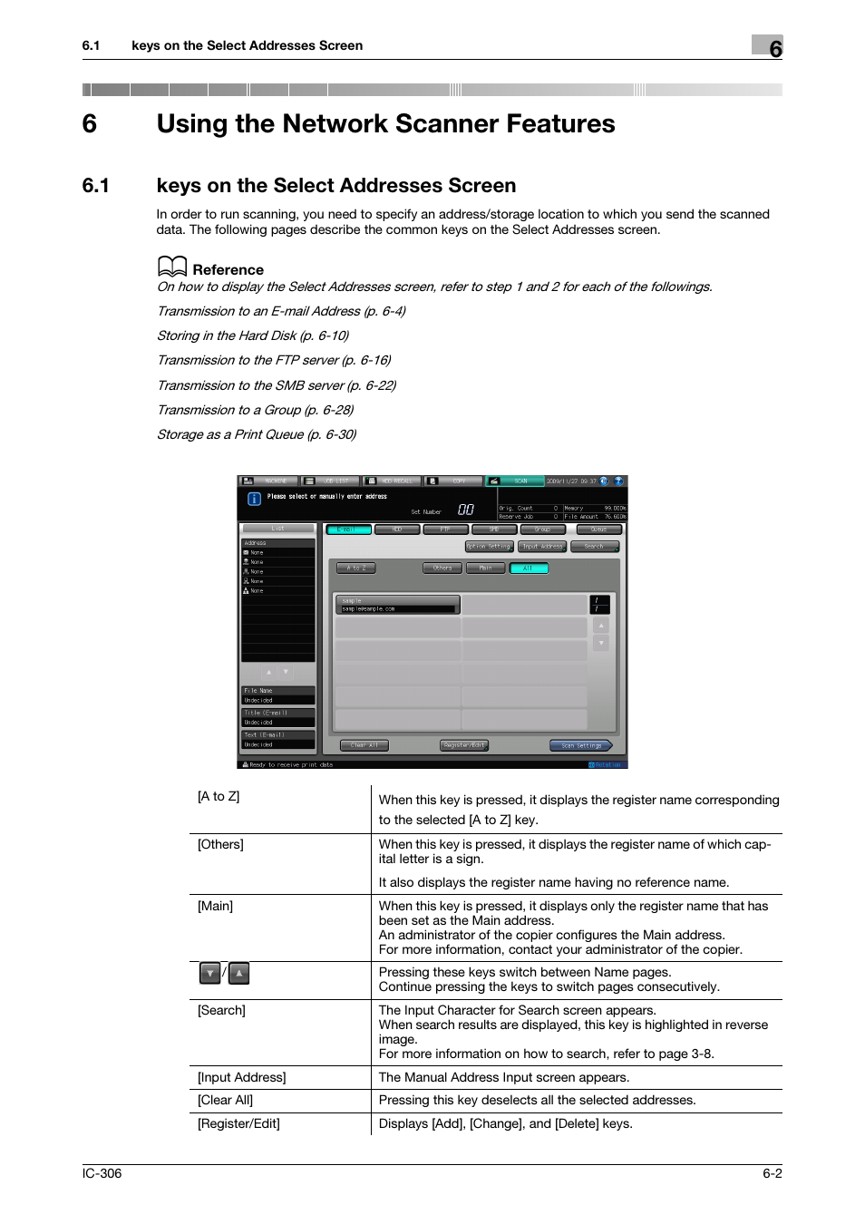 6 using the network scanner features, 1 keys on the select addresses screen, Using the network scanner features | Keys on the select addresses screen -2, 6using the network scanner features | Konica Minolta bizhub PRESS C8000e User Manual | Page 58 / 101
