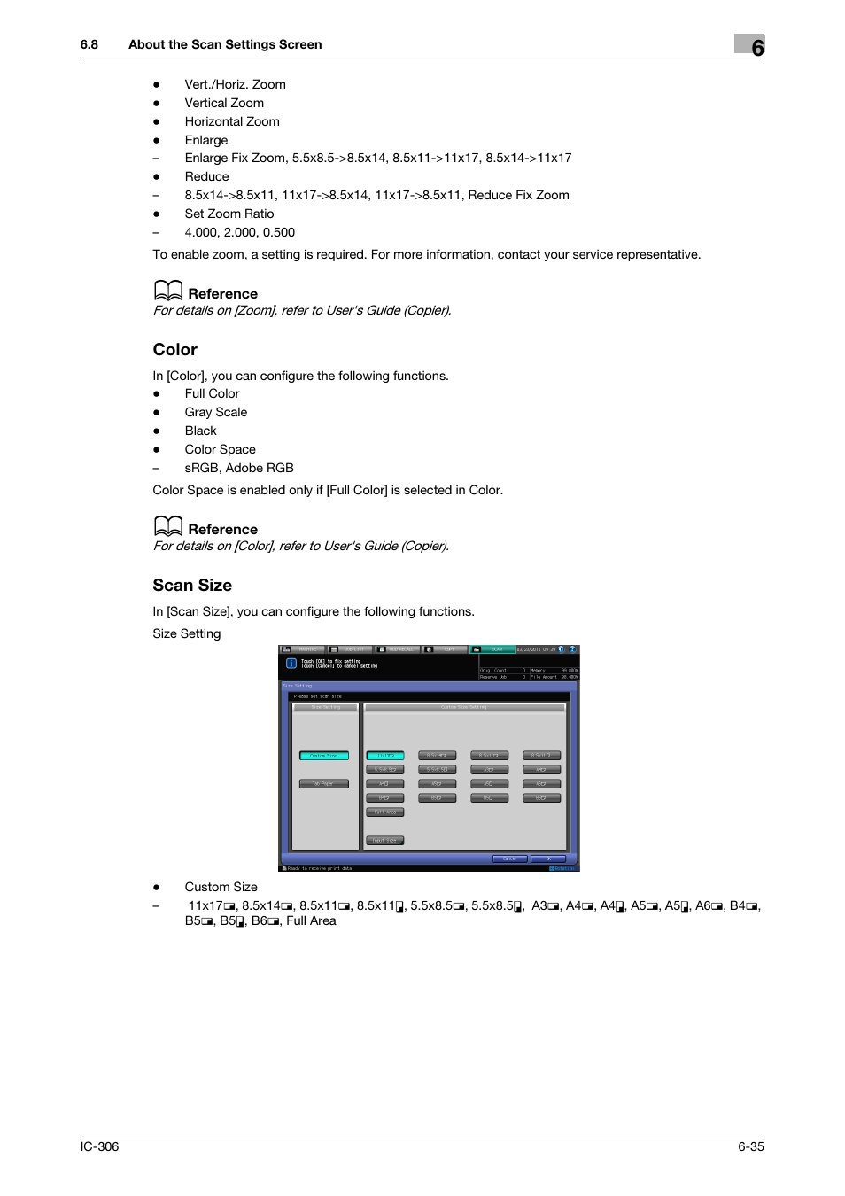Color, Scan size, P. 6-35 | Konica Minolta bizhub PRESS C8000e User Manual | Page 91 / 101