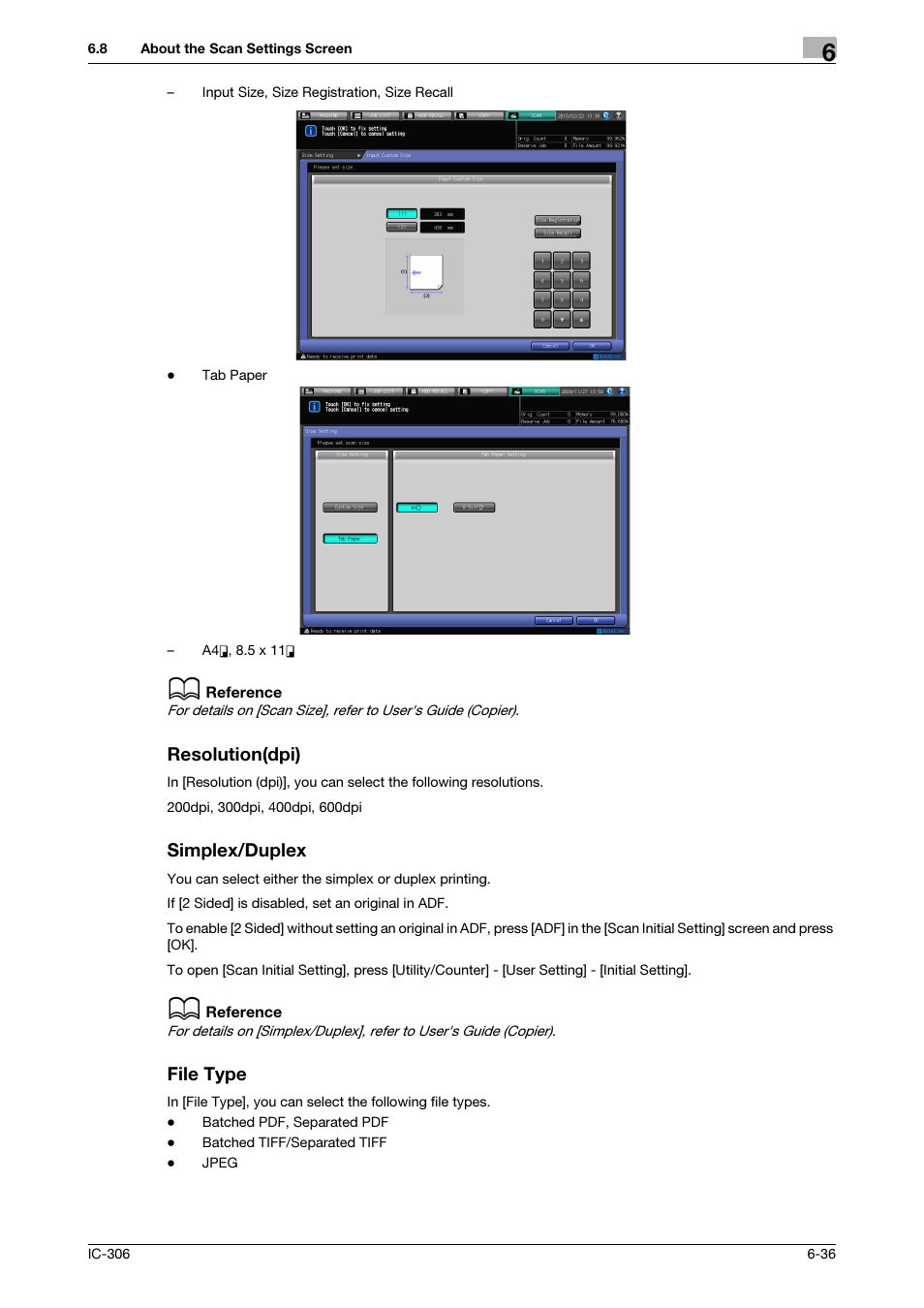 Resolution(dpi), Simplex/duplex, File type | P. 6-36 | Konica Minolta bizhub PRESS C8000e User Manual | Page 92 / 101