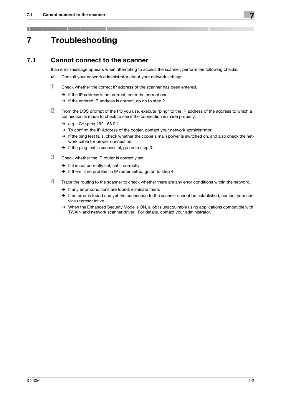 7 troubleshooting, 1 cannot connect to the scanner, Troubleshooting | Cannot connect to the scanner -2, 7troubleshooting | Konica Minolta bizhub PRESS C8000e User Manual | Page 95 / 101