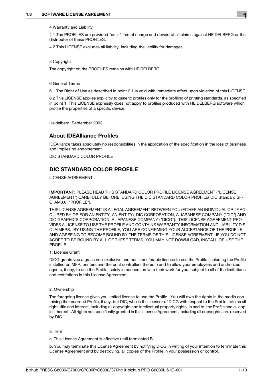 About idealliance profiles, Dic standard color profile | Konica Minolta bizhub PRESS C8000e User Manual | Page 11 / 138