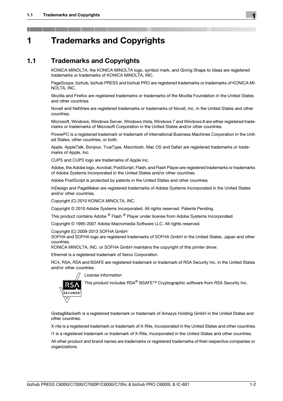 1 trademarks and copyrights, 1trademarks and copyrights | Konica Minolta bizhub PRESS C8000e User Manual | Page 3 / 138