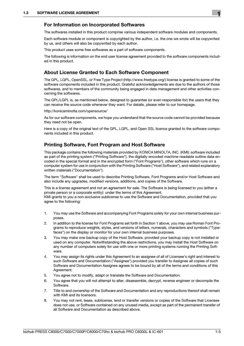 For information on incorporated softwares, About license granted to each software component, Printing software, font program and host software | Konica Minolta bizhub PRESS C8000e User Manual | Page 6 / 138