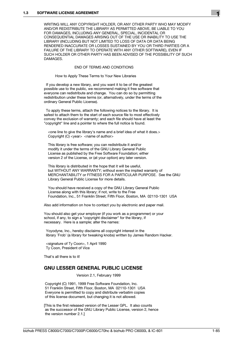 Gnu lesser general public license | Konica Minolta bizhub PRESS C8000e User Manual | Page 86 / 138