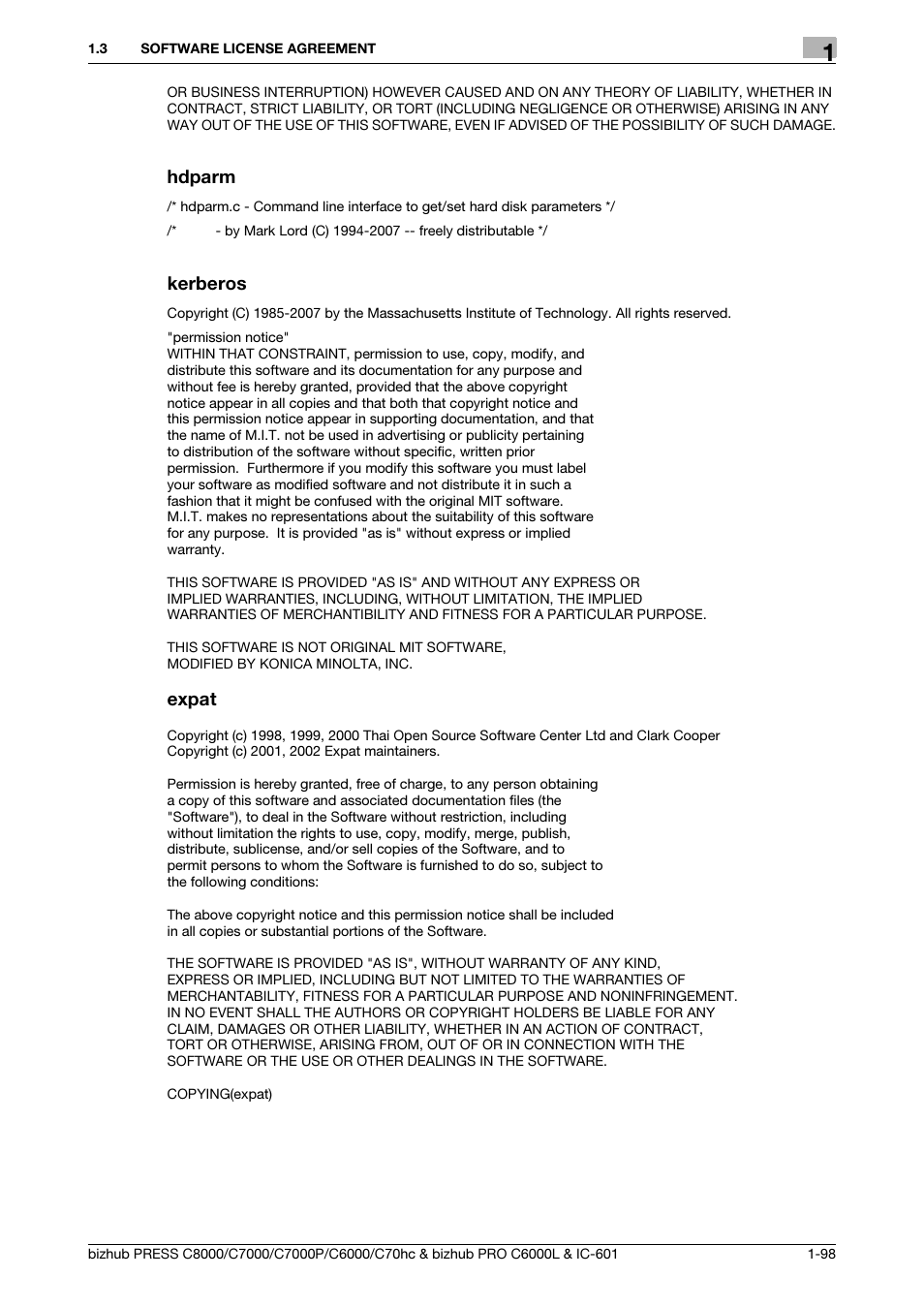 Hdparm, Kerberos, Expat | Konica Minolta bizhub PRESS C8000e User Manual | Page 99 / 138