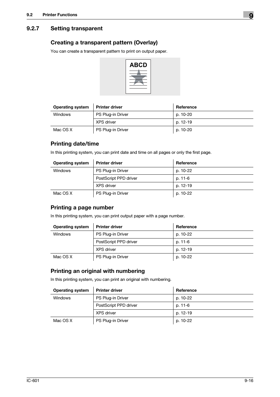 7 setting transparent, Creating a transparent pattern (overlay), Printing date/time | Printing an original with numbering, Setting transparent -16, Abcd, Printing a page number | Konica Minolta bizhub PRESS C8000e User Manual | Page 106 / 255