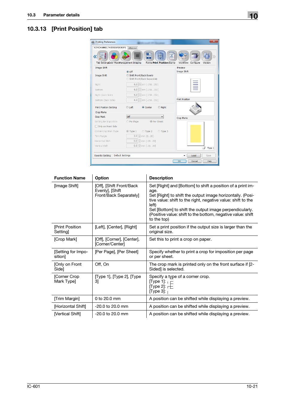 13 [print position] tab, Print position] tab -21, P. 10-21 | Konica Minolta bizhub PRESS C8000e User Manual | Page 128 / 255