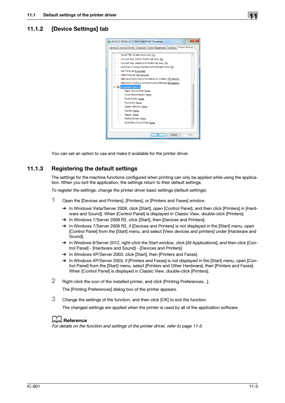 2 [device settings] tab, 3 registering the default settings, Device settings] tab -3 | Registering the default settings -3, P. 11-3 | Konica Minolta bizhub PRESS C8000e User Manual | Page 136 / 255