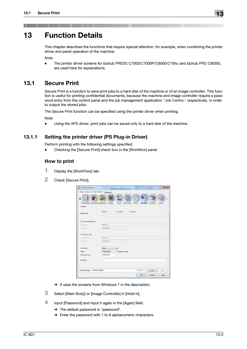 13 function details, 1 secure print, 1 setting the printer driver (ps plug-in driver) | How to print, Function details, Secure print -2, Setting the printer driver (ps plug-in driver) -2 | Konica Minolta bizhub PRESS C8000e User Manual | Page 173 / 255