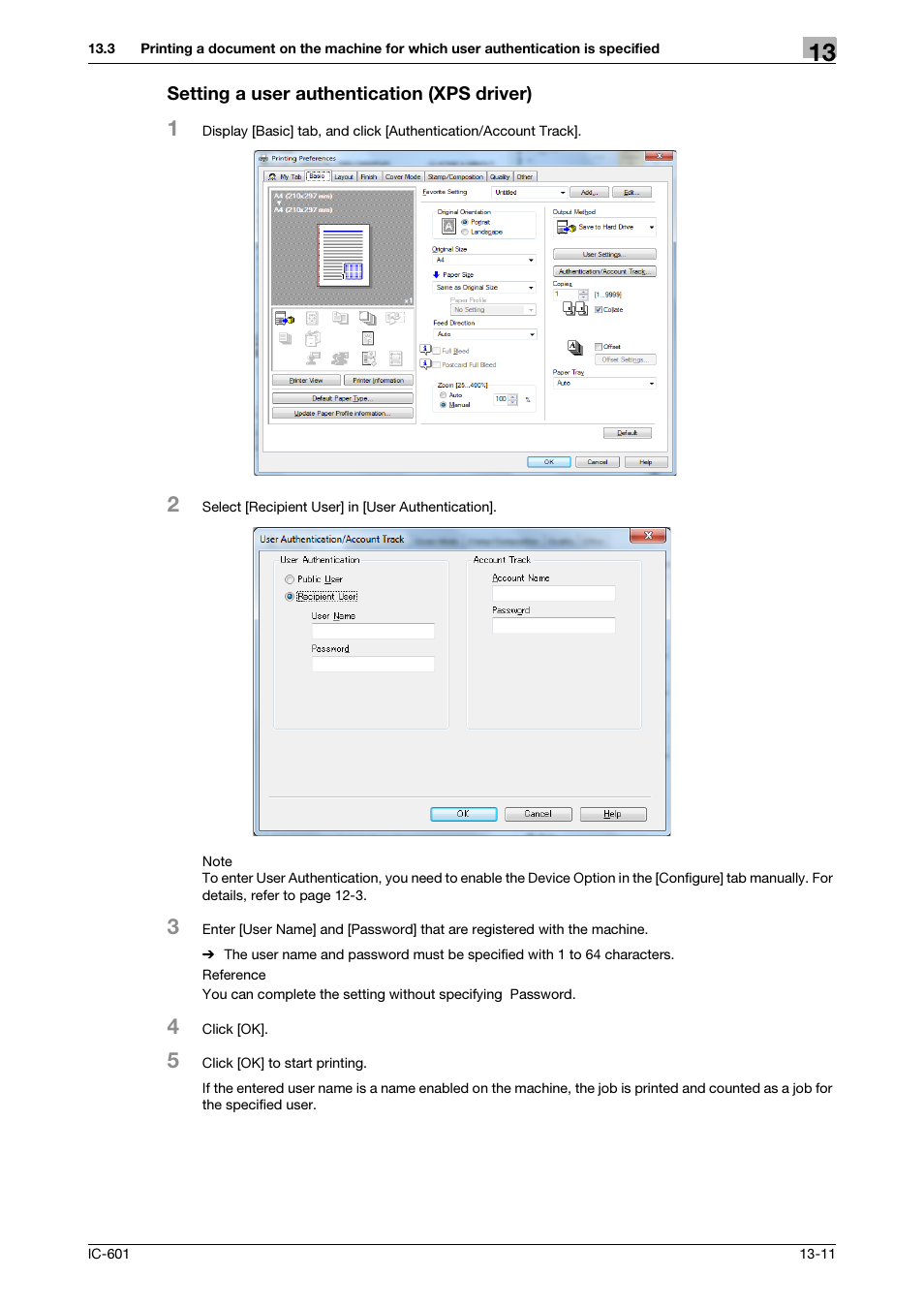 Setting a user authentication (xps driver) | Konica Minolta bizhub PRESS C8000e User Manual | Page 182 / 255