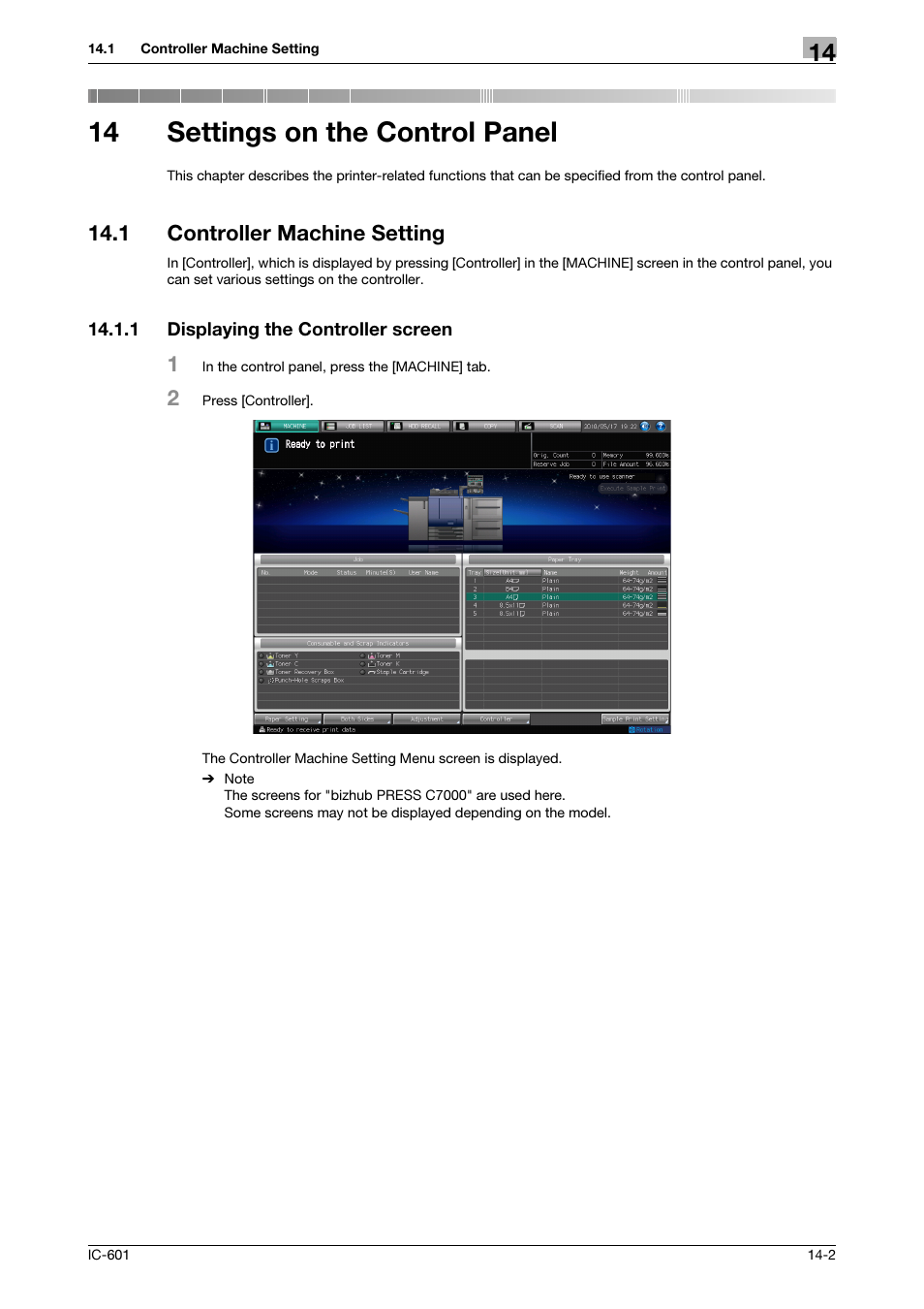 14 settings on the control panel, 1 controller machine setting, 1 displaying the controller screen | Settings on the control panel, Controller machine setting -2, Displaying the controller screen -2 | Konica Minolta bizhub PRESS C8000e User Manual | Page 186 / 255