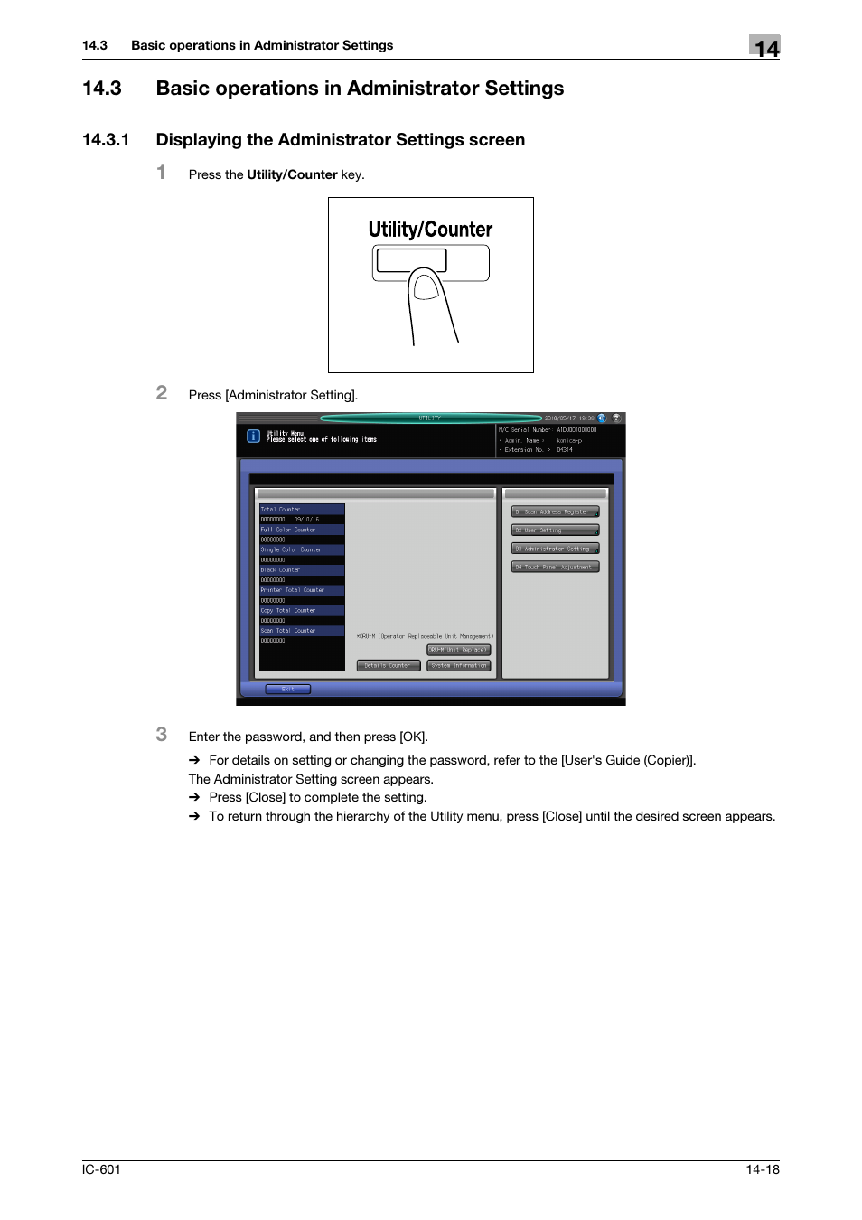 3 basic operations in administrator settings, 1 displaying the administrator settings screen, Basic operations in administrator settings -18 | Displaying the administrator settings screen -18 | Konica Minolta bizhub PRESS C8000e User Manual | Page 202 / 255