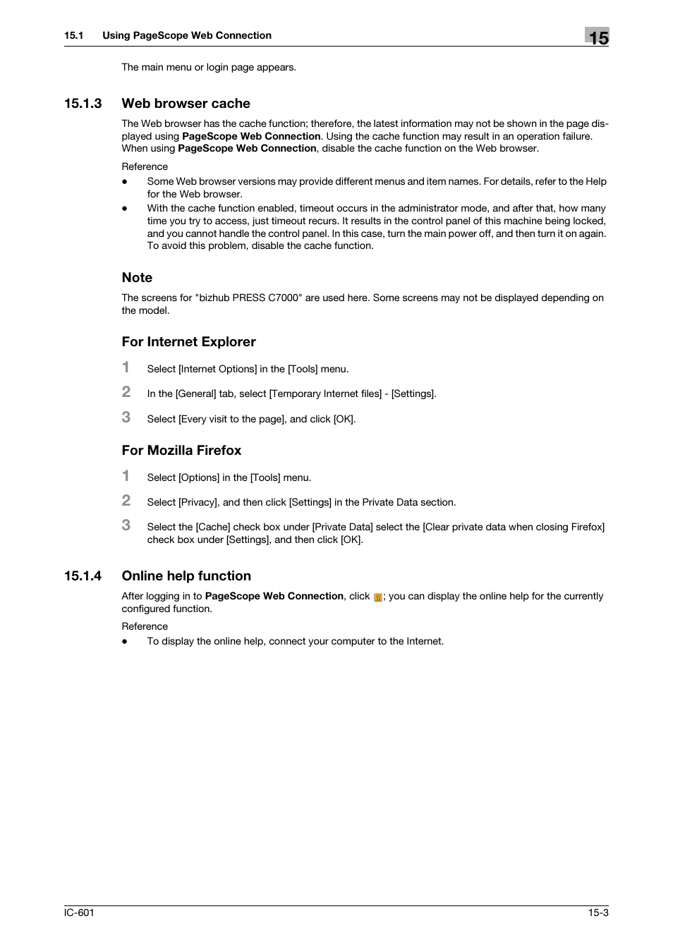 3 web browser cache, Note, For internet explorer | For mozilla firefox, 4 online help function, Web browser cache -3, Online help function -3 | Konica Minolta bizhub PRESS C8000e User Manual | Page 209 / 255