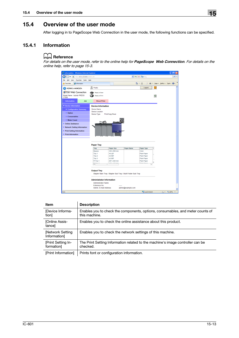 4 overview of the user mode, 1 information, Overview of the user mode -13 | Information -13 | Konica Minolta bizhub PRESS C8000e User Manual | Page 219 / 255