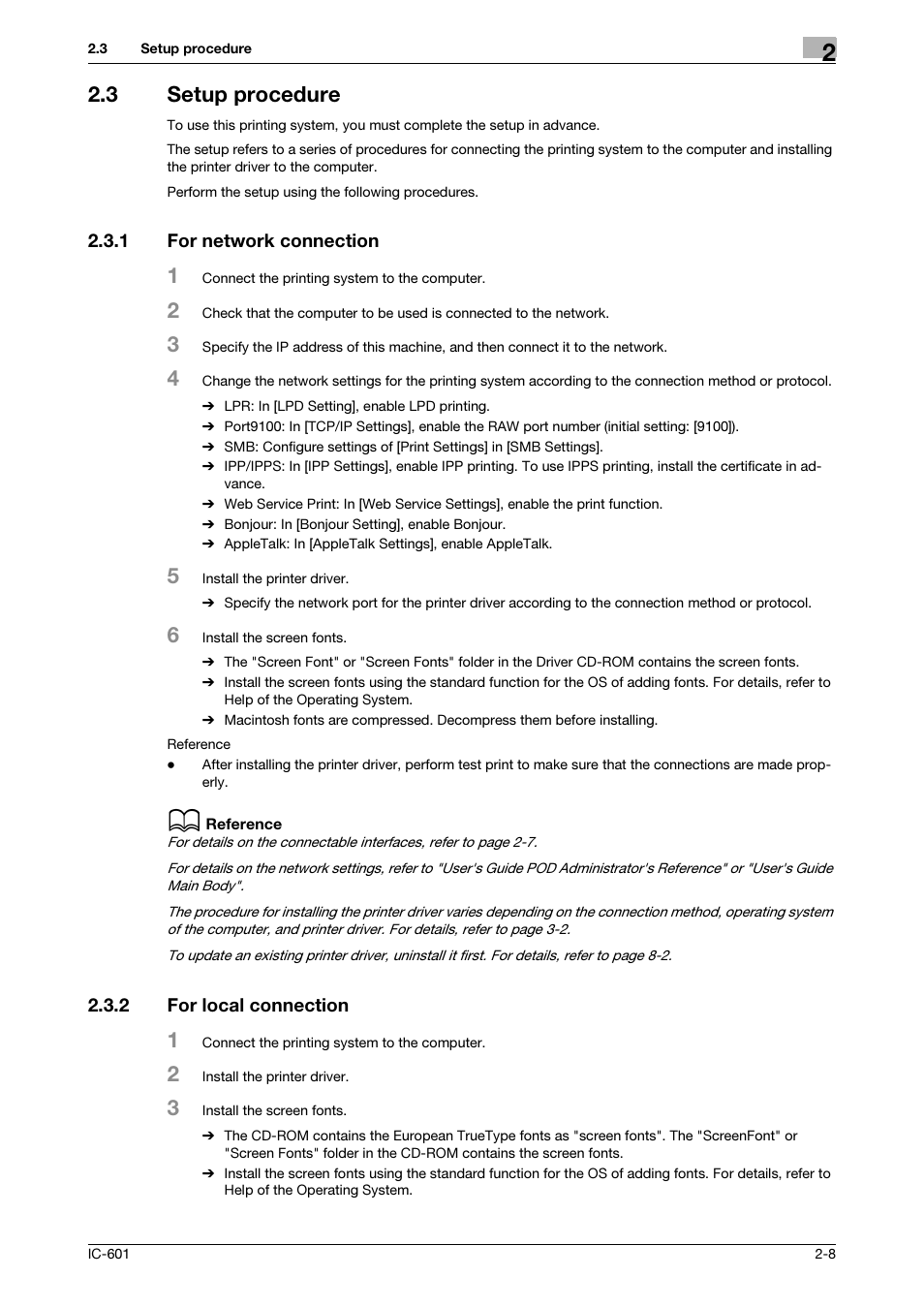 3 setup procedure, 1 for network connection, 2 for local connection | Setup procedure -8, For network connection -8, For local connection -8 | Konica Minolta bizhub PRESS C8000e User Manual | Page 22 / 255