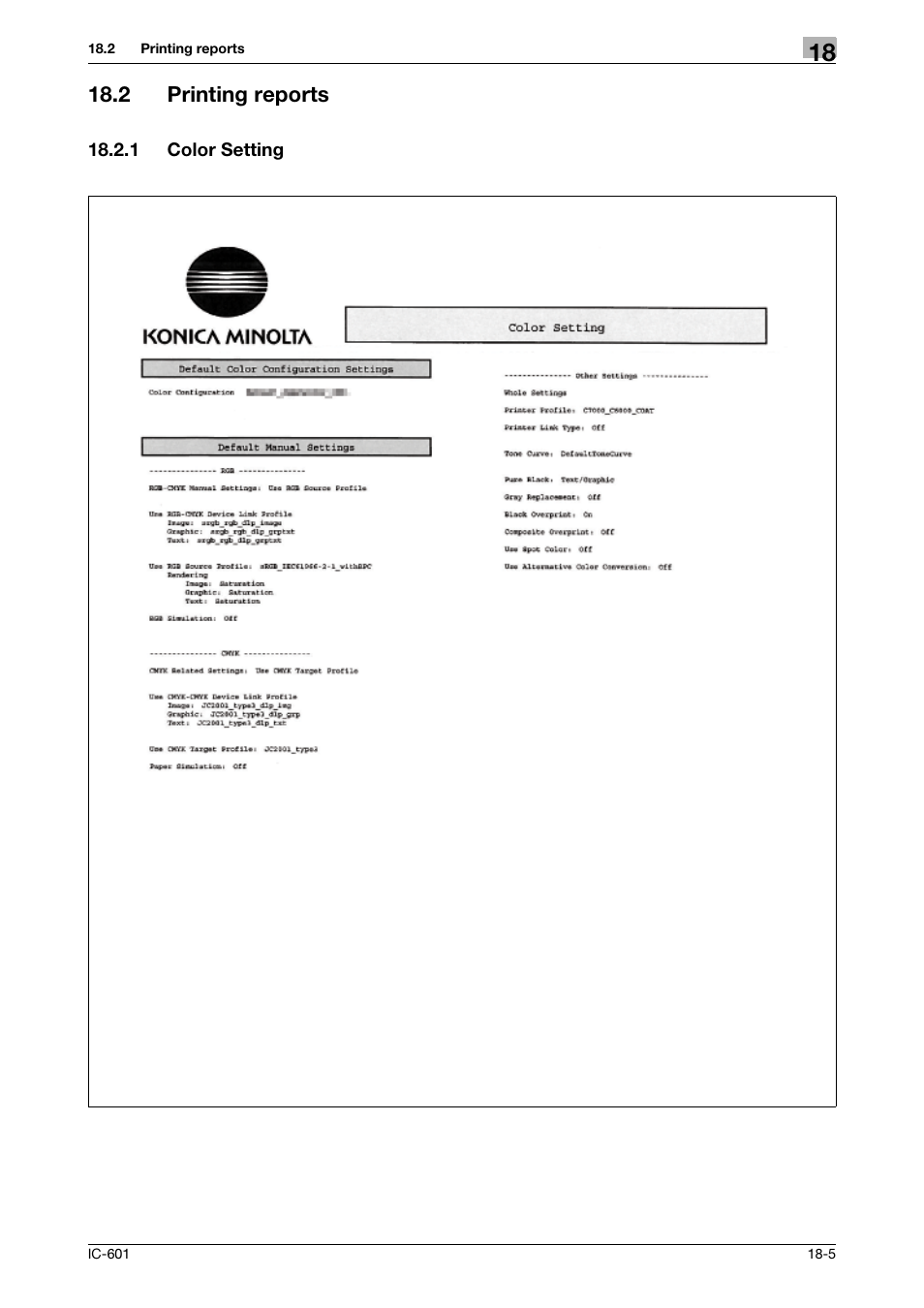 2 printing reports, 1 color setting, Printing reports -5 | Color setting -5 | Konica Minolta bizhub PRESS C8000e User Manual | Page 238 / 255