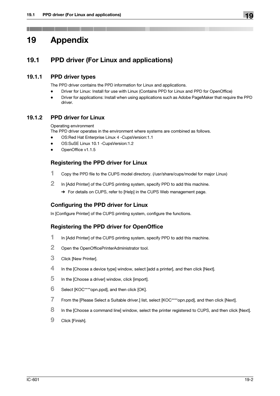 19 appendix, 1 ppd driver (for linux and applications), 1 ppd driver types | 2 ppd driver for linux, Registering the ppd driver for linux, Configuring the ppd driver for linux, Registering the ppd driver for openoffice, Appendix, Ppd driver (for linux and applications) -2, Ppd driver types -2 | Konica Minolta bizhub PRESS C8000e User Manual | Page 245 / 255