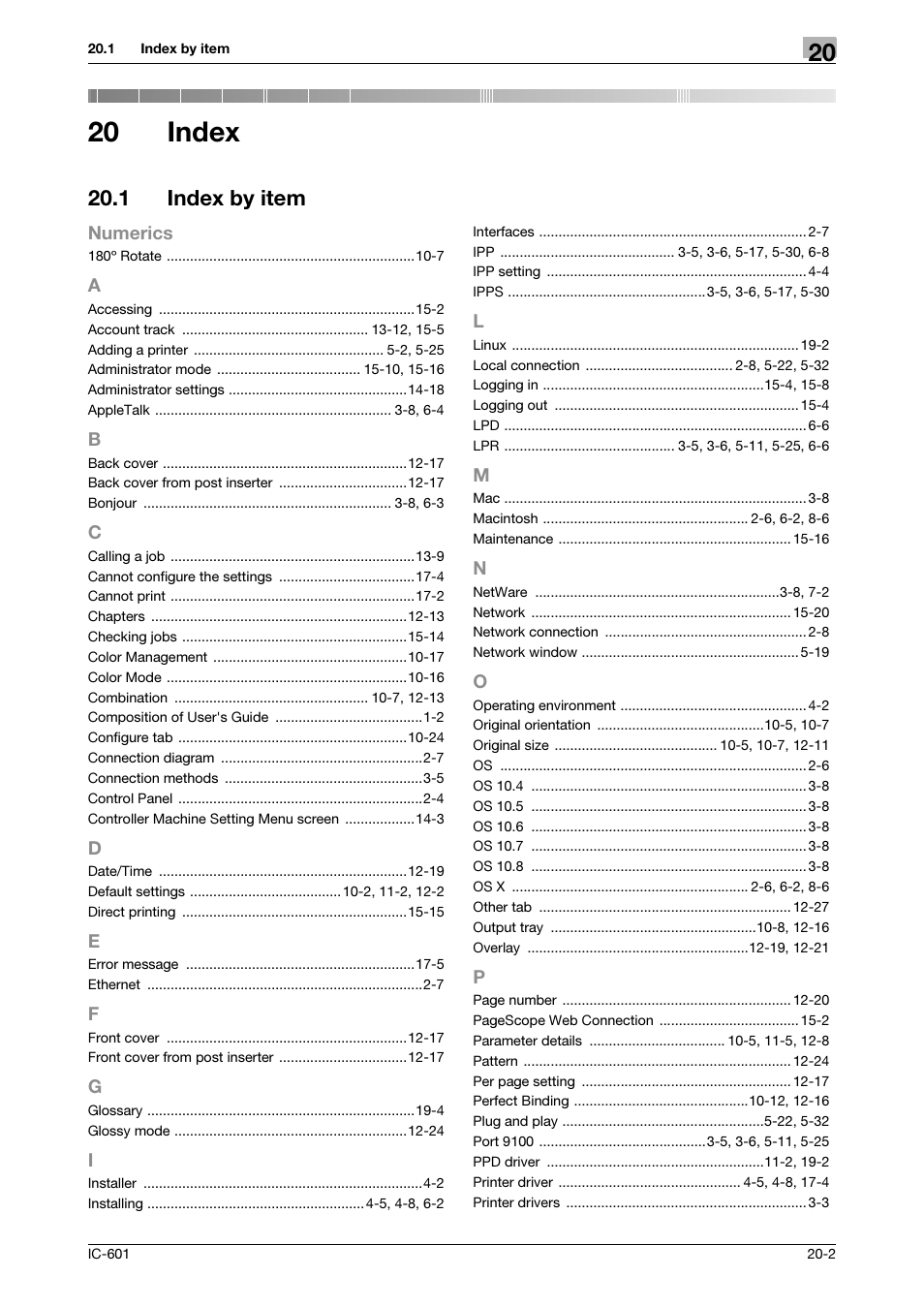 20 index, 1 index by item, Index | Index by item -2, Numerics | Konica Minolta bizhub PRESS C8000e User Manual | Page 252 / 255