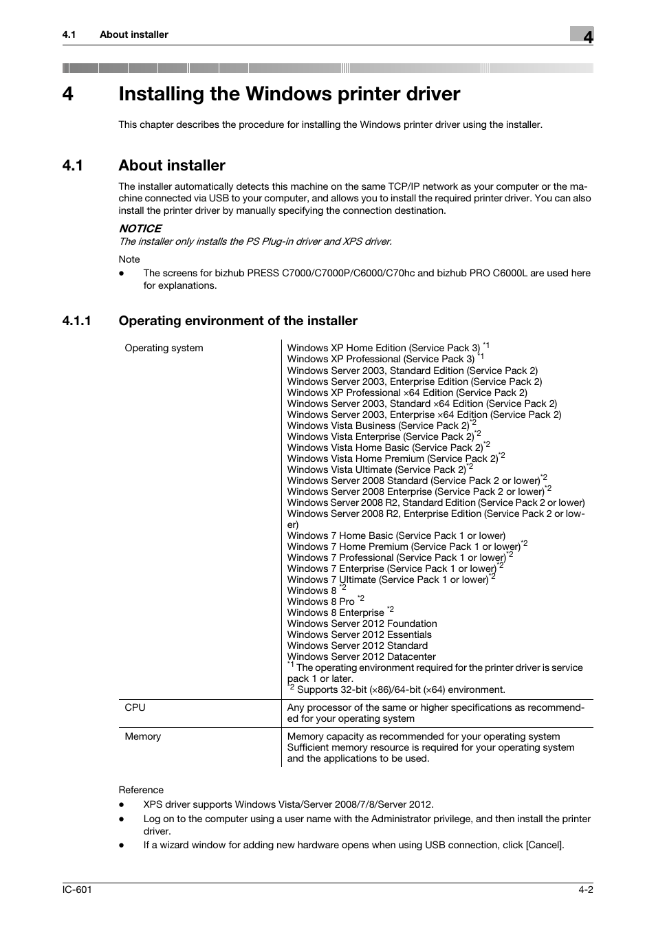 4 installing the windows printer driver, 1 about installer, 1 operating environment of the installer | Installing the windows printer driver, About installer -2, Operating environment of the installer -2, P. 4-2, 4installing the windows printer driver | Konica Minolta bizhub PRESS C8000e User Manual | Page 32 / 255