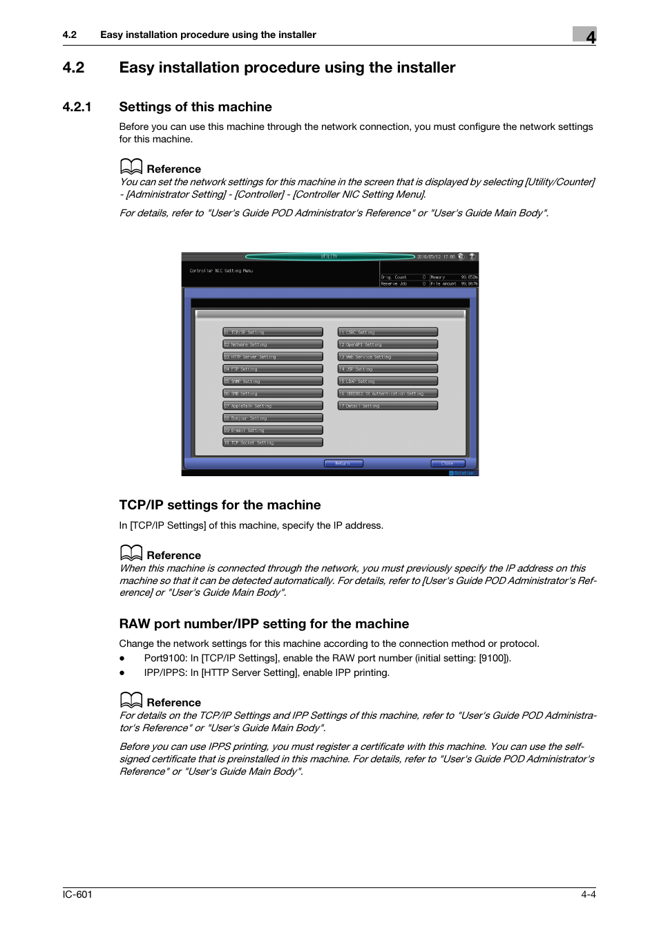 2 easy installation procedure using the installer, 1 settings of this machine, Tcp/ip settings for the machine | Raw port number/ipp setting for the machine, Easy installation procedure using the installer -4, Settings of this machine -4 | Konica Minolta bizhub PRESS C8000e User Manual | Page 34 / 255