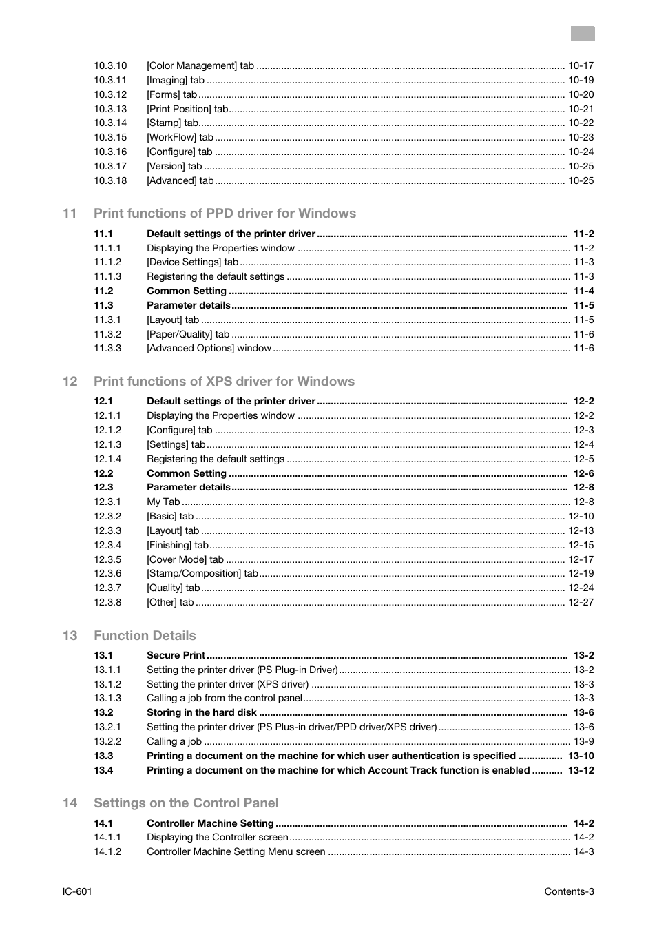 11 print functions of ppd driver for windows, 12 print functions of xps driver for windows, 13 function details | 14 settings on the control panel | Konica Minolta bizhub PRESS C8000e User Manual | Page 4 / 255