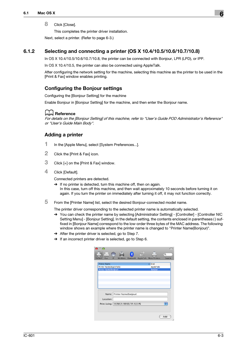 Configuring the bonjour settings, Adding a printer | Konica Minolta bizhub PRESS C8000e User Manual | Page 75 / 255