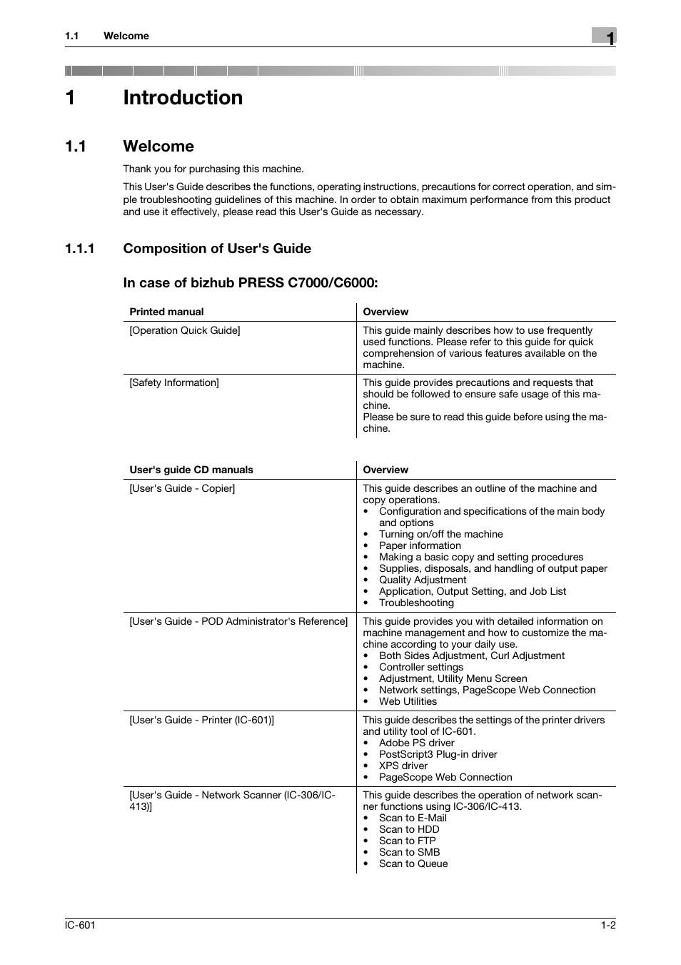 1 introduction, 1 welcome, 1 composition of user's guide | In case of bizhub press c7000/c6000, Introduction, Welcome -2, Composition of user's guide -2, 1introduction | Konica Minolta bizhub PRESS C8000e User Manual | Page 8 / 255