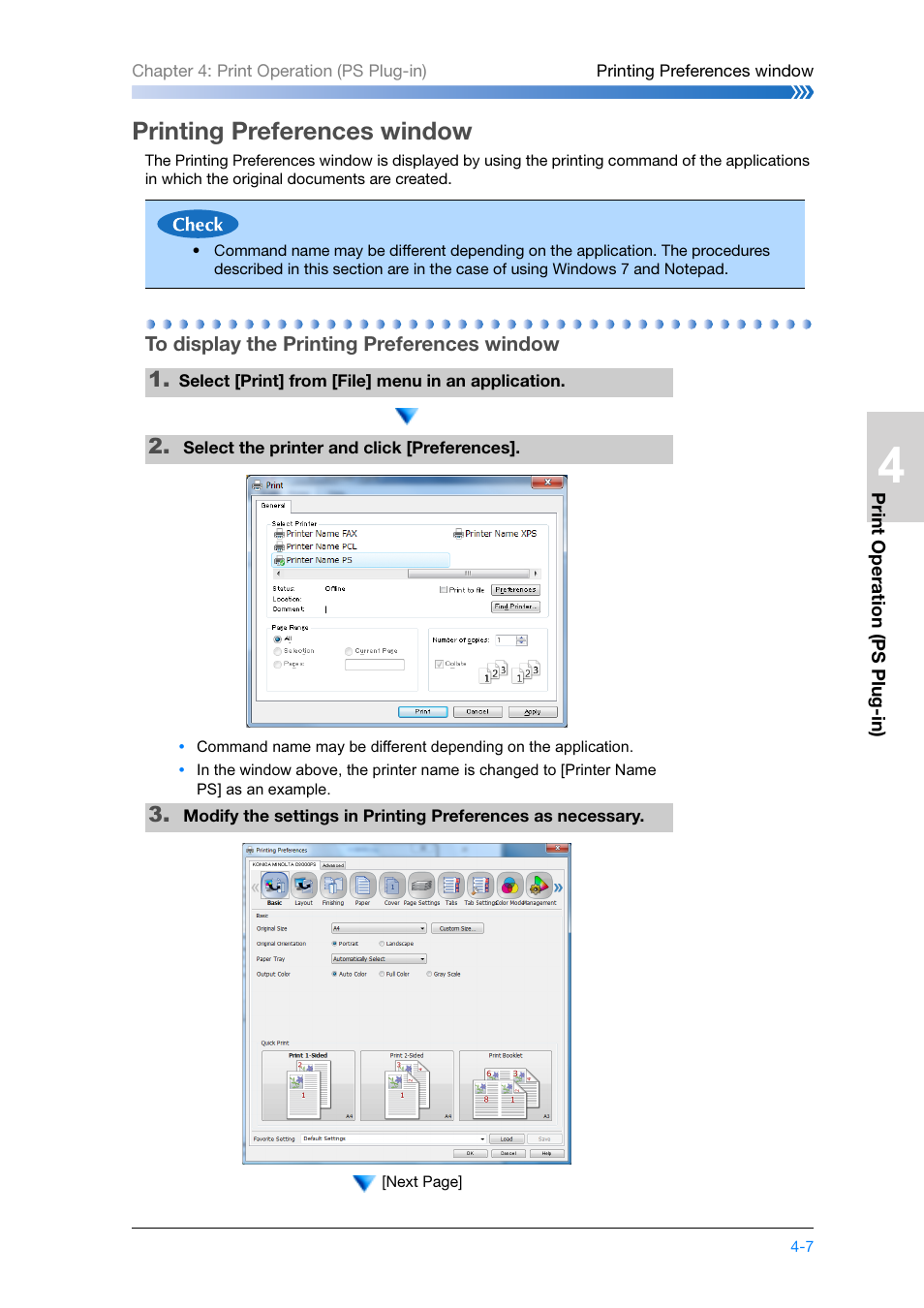 Printing preferences window, To display the printing preferences window, Printing preferences window -7 | To display the printing preferences window -7 | Konica Minolta bizhub PRESS C8000e User Manual | Page 101 / 204