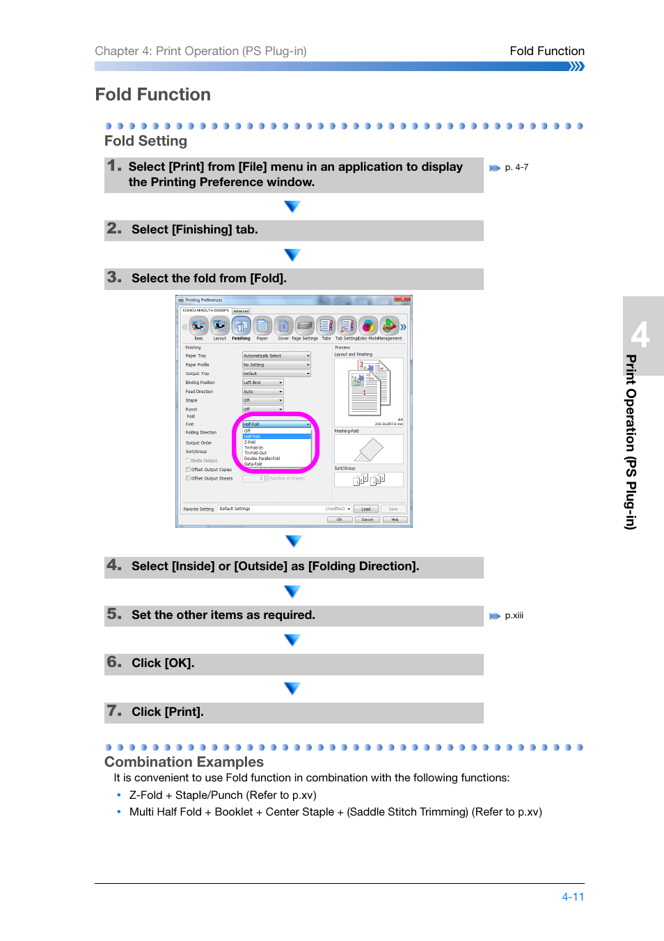 Fold function, Fold setting, Combination examples | Fold function -11, Fold setting -11 combination examples -11, Ic-601: refer to p. 4-11 | Konica Minolta bizhub PRESS C8000e User Manual | Page 105 / 204