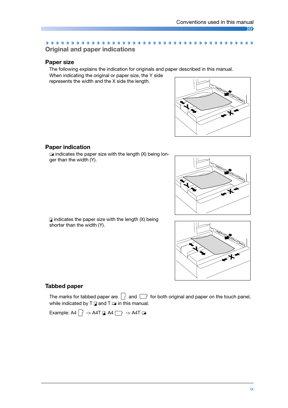 Original and paper indications, Paper size, Paper indication | Tabbed paper | Konica Minolta bizhub PRESS C8000e User Manual | Page 11 / 204