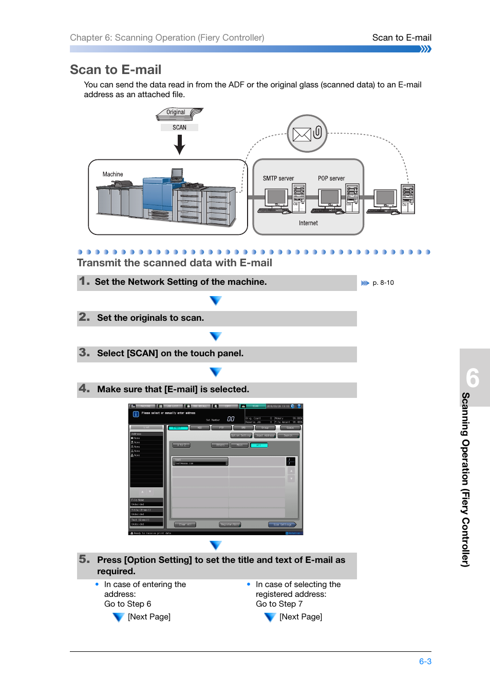 Scan to e-mail, Transmit the scanned data with e-mail, Scan to e-mail -3 | Transmit the scanned data with e-mail -3, Refer to p. 6-3 and p. 7 | Konica Minolta bizhub PRESS C8000e User Manual | Page 137 / 204