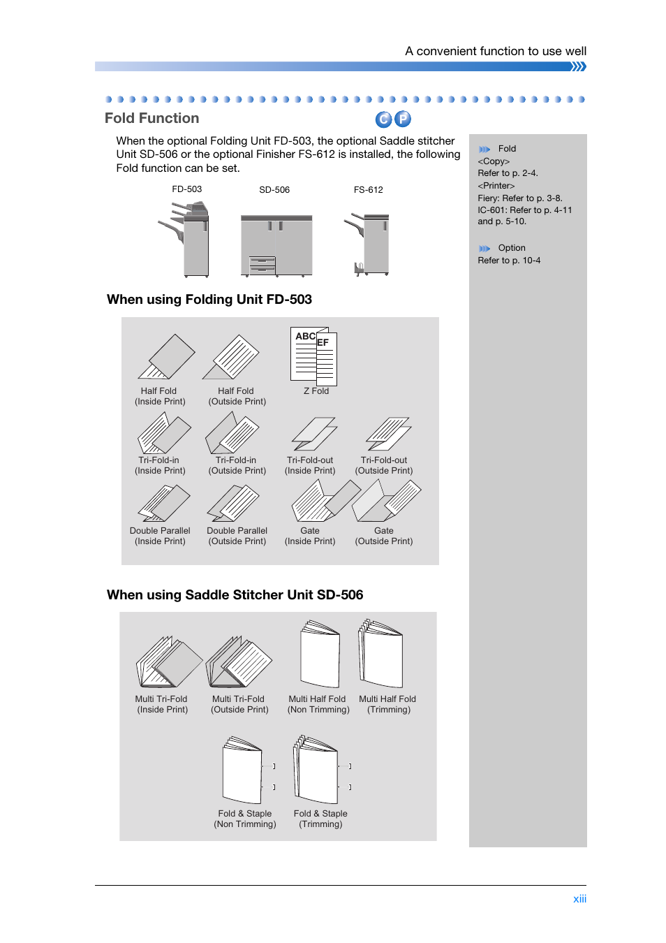 Fold function, When using folding unit fd-503, When using saddle stitcher unit sd-506 | A convenient function to use well | Konica Minolta bizhub PRESS C8000e User Manual | Page 15 / 204