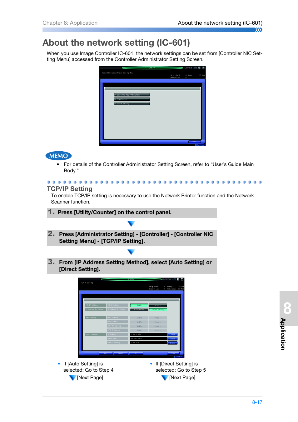 About the network setting (ic-601), Tcp/ip setting, About the network setting (ic-601) -17 | Tcp/ip setting -17, P. 8-17 | Konica Minolta bizhub PRESS C8000e User Manual | Page 167 / 204