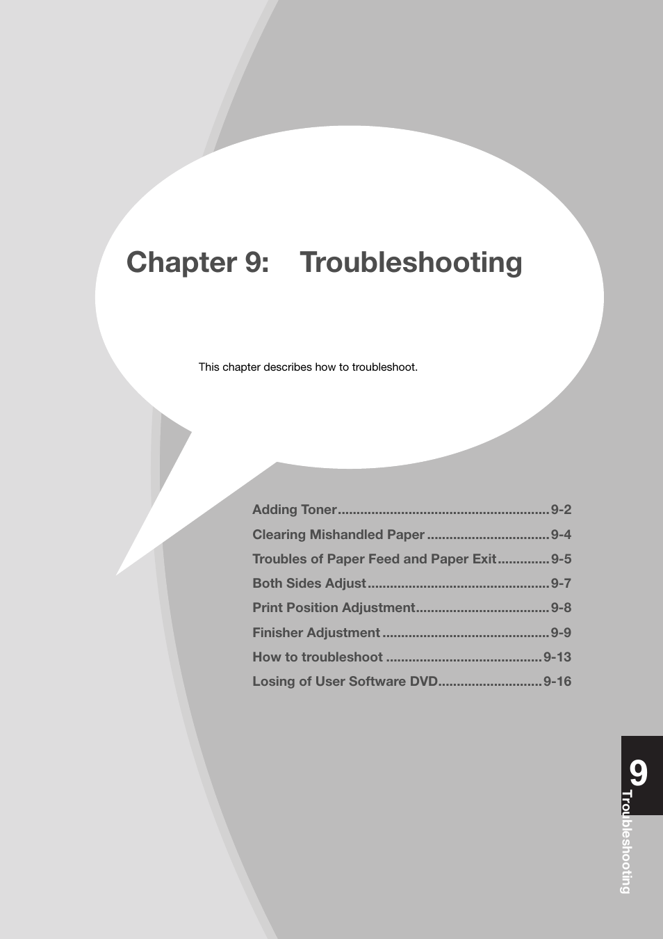 Chapter 9: troubleshooting, Chapter 9:troubleshooting -1 | Konica Minolta bizhub PRESS C8000e User Manual | Page 179 / 204