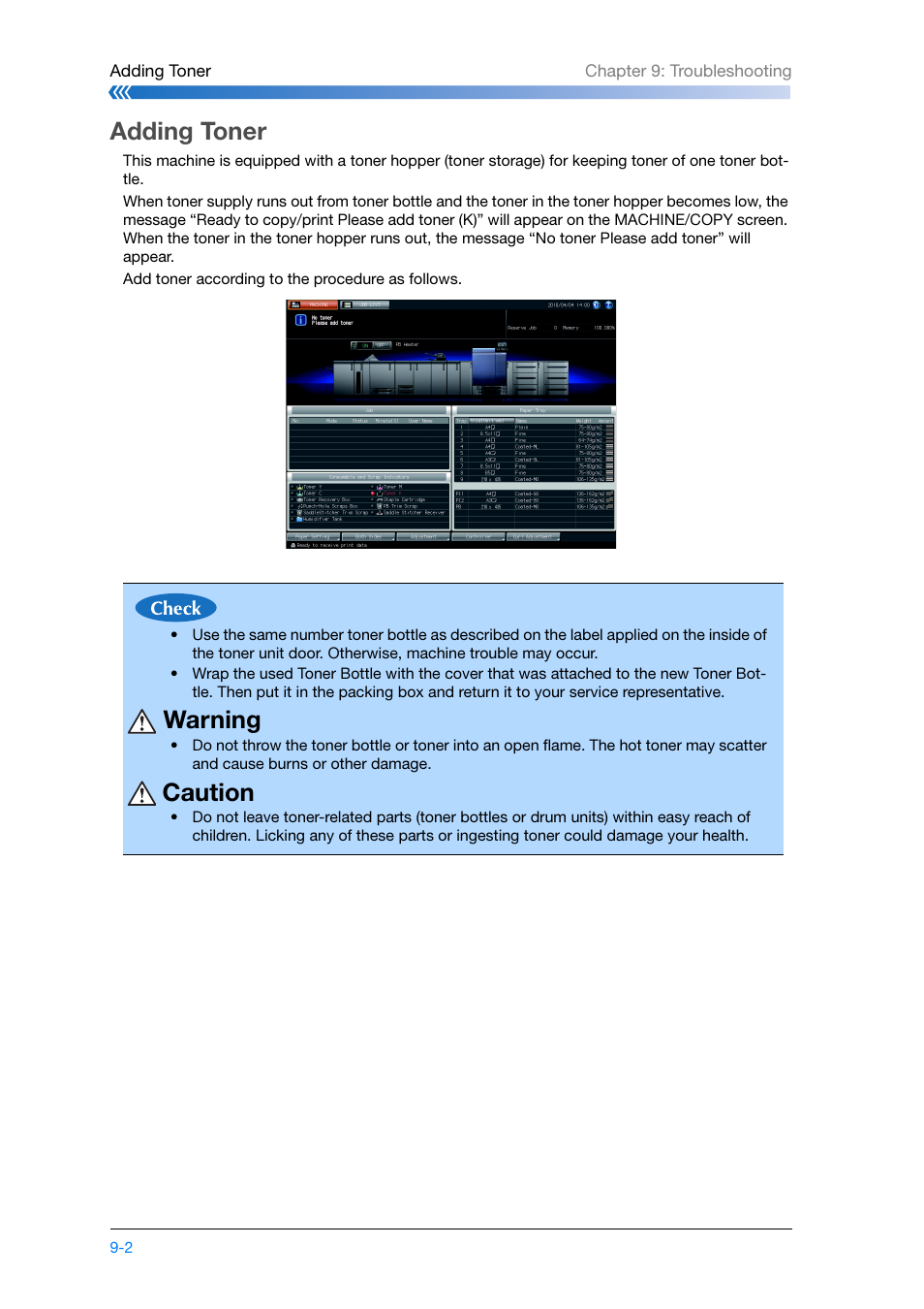 Adding toner, Adding toner -2, Warning | Caution | Konica Minolta bizhub PRESS C8000e User Manual | Page 180 / 204